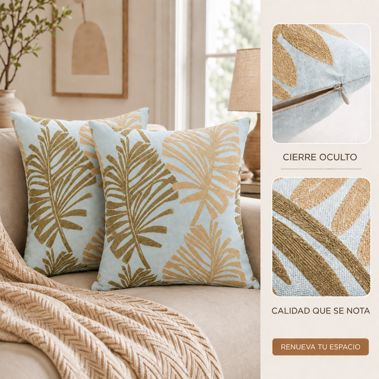 Fundas para cojin Elegantes Diseño Hojas Crema