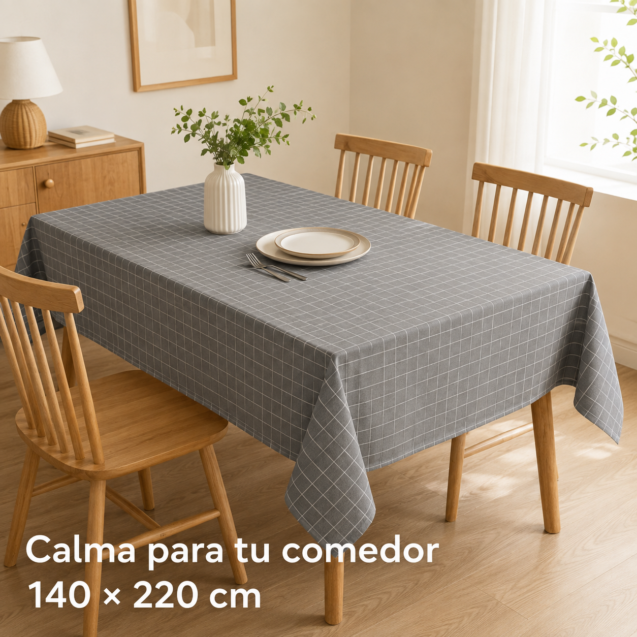 Mantel Rectangular Cuadros Gris en Comedor