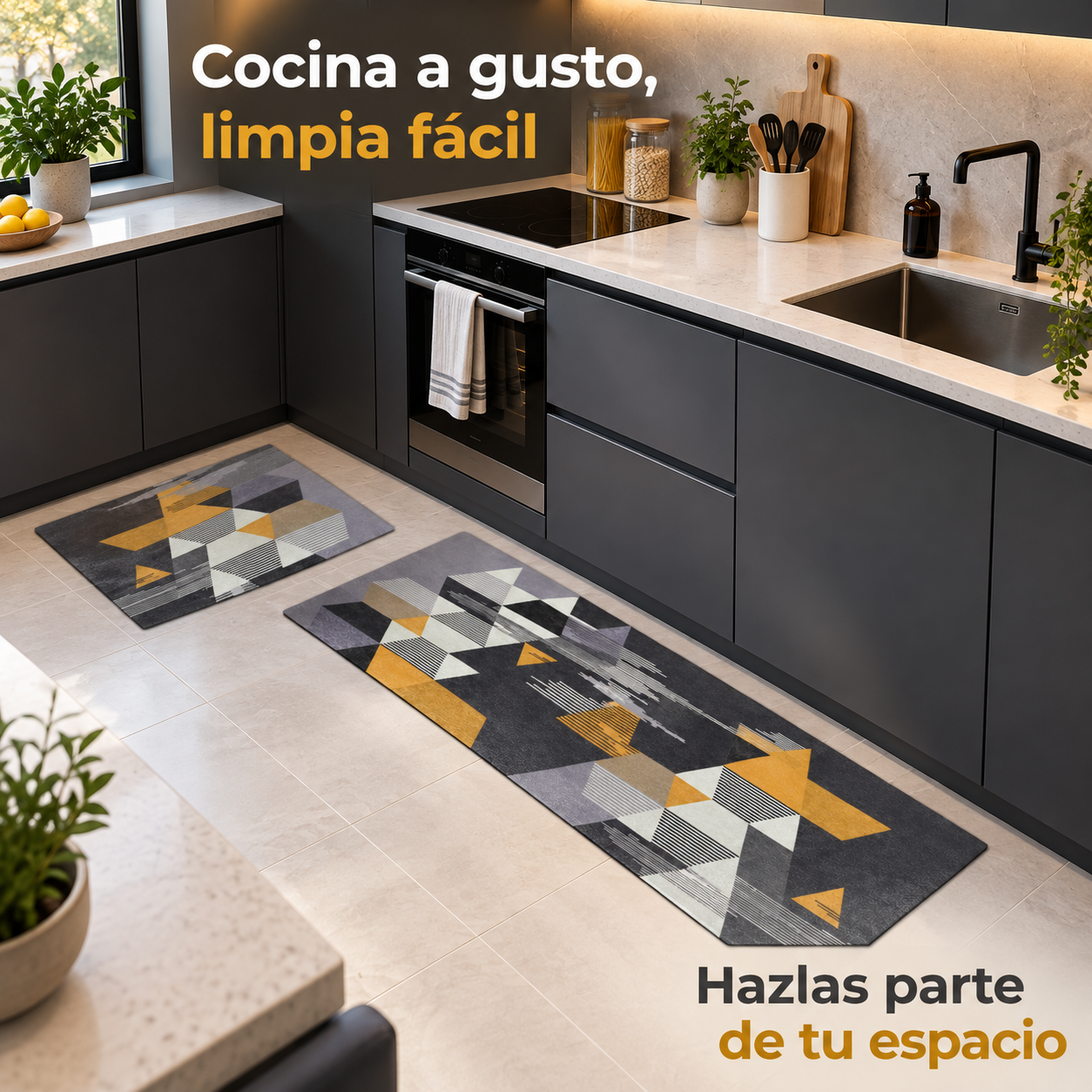 Set de 2 Alfombras de Cocina Gris Geométricas
