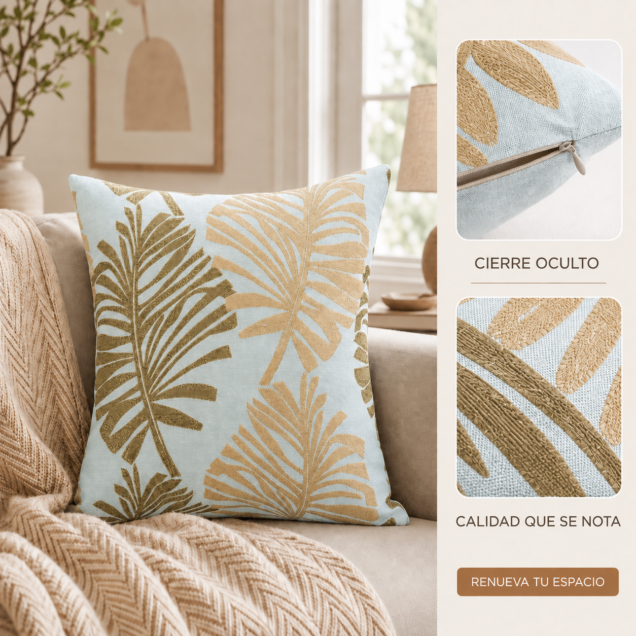 Funda para cojín diseño hojas crema