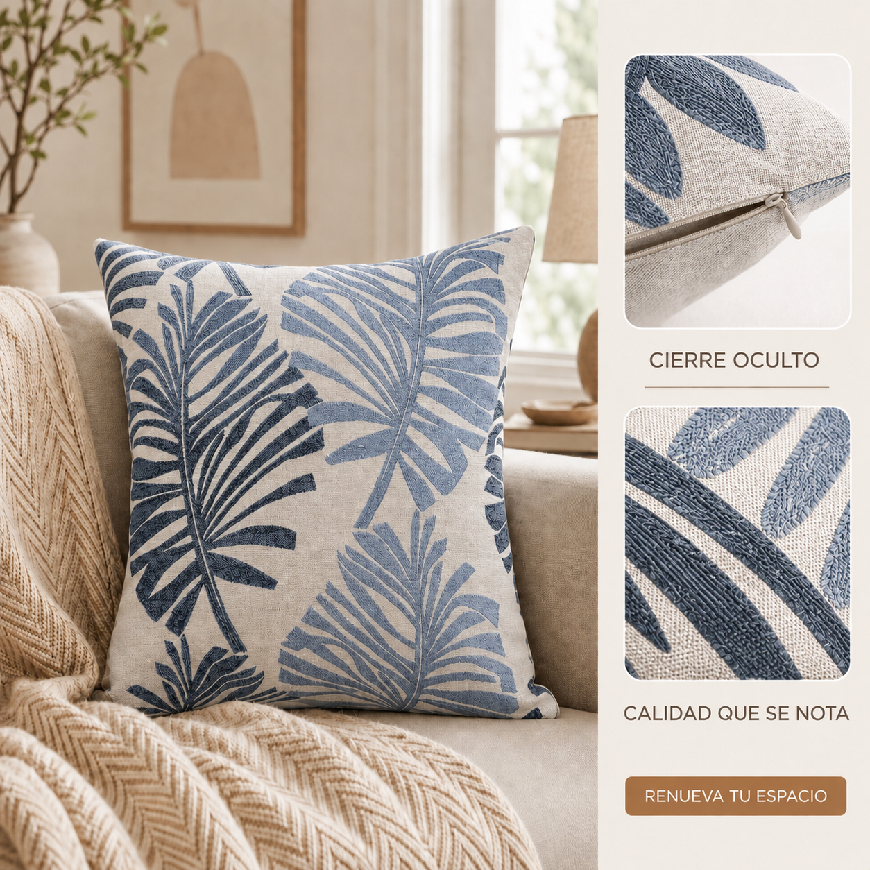Funda para cojín diseño hojas azul