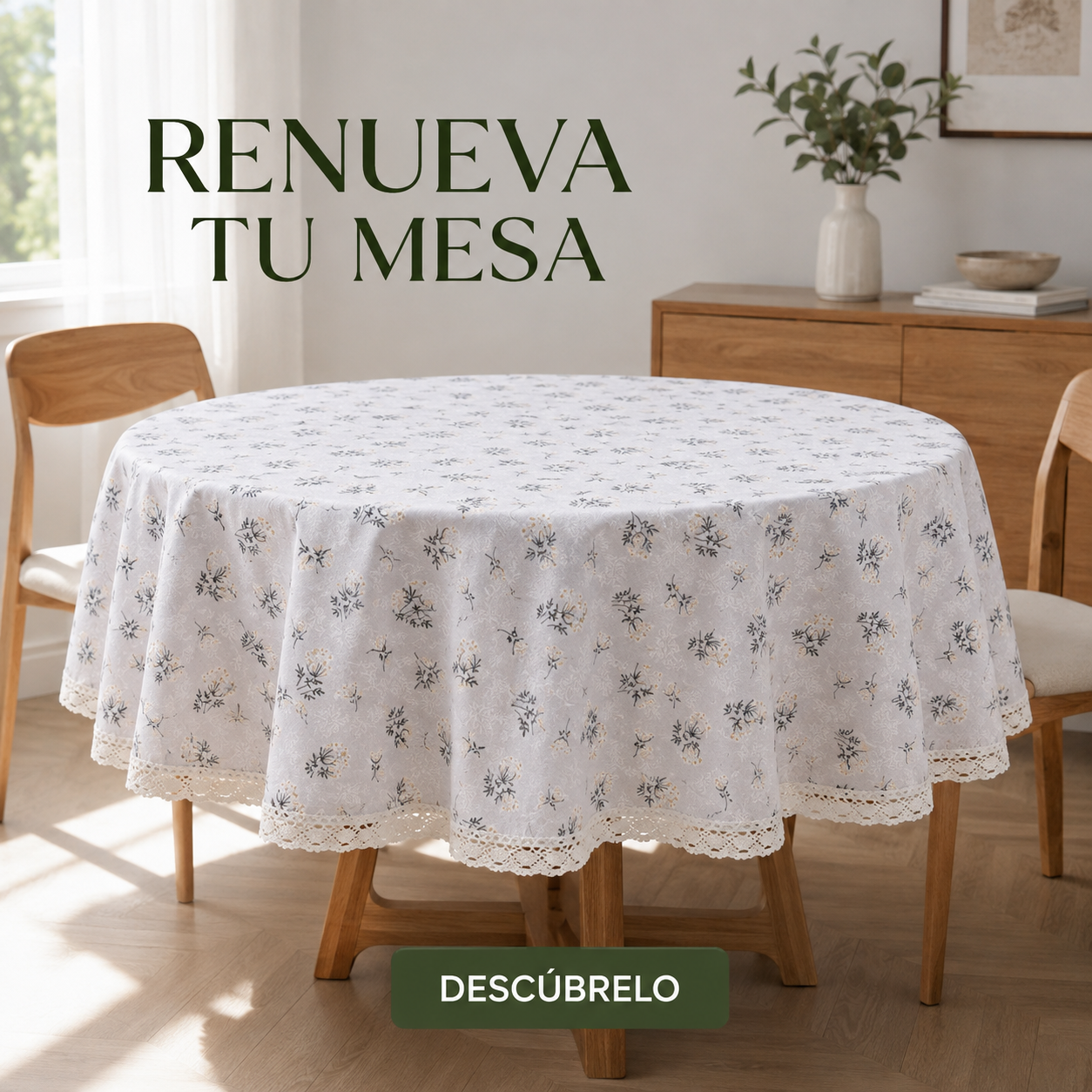 Mantel Decorativo Redondo Gris en comedor luminoso