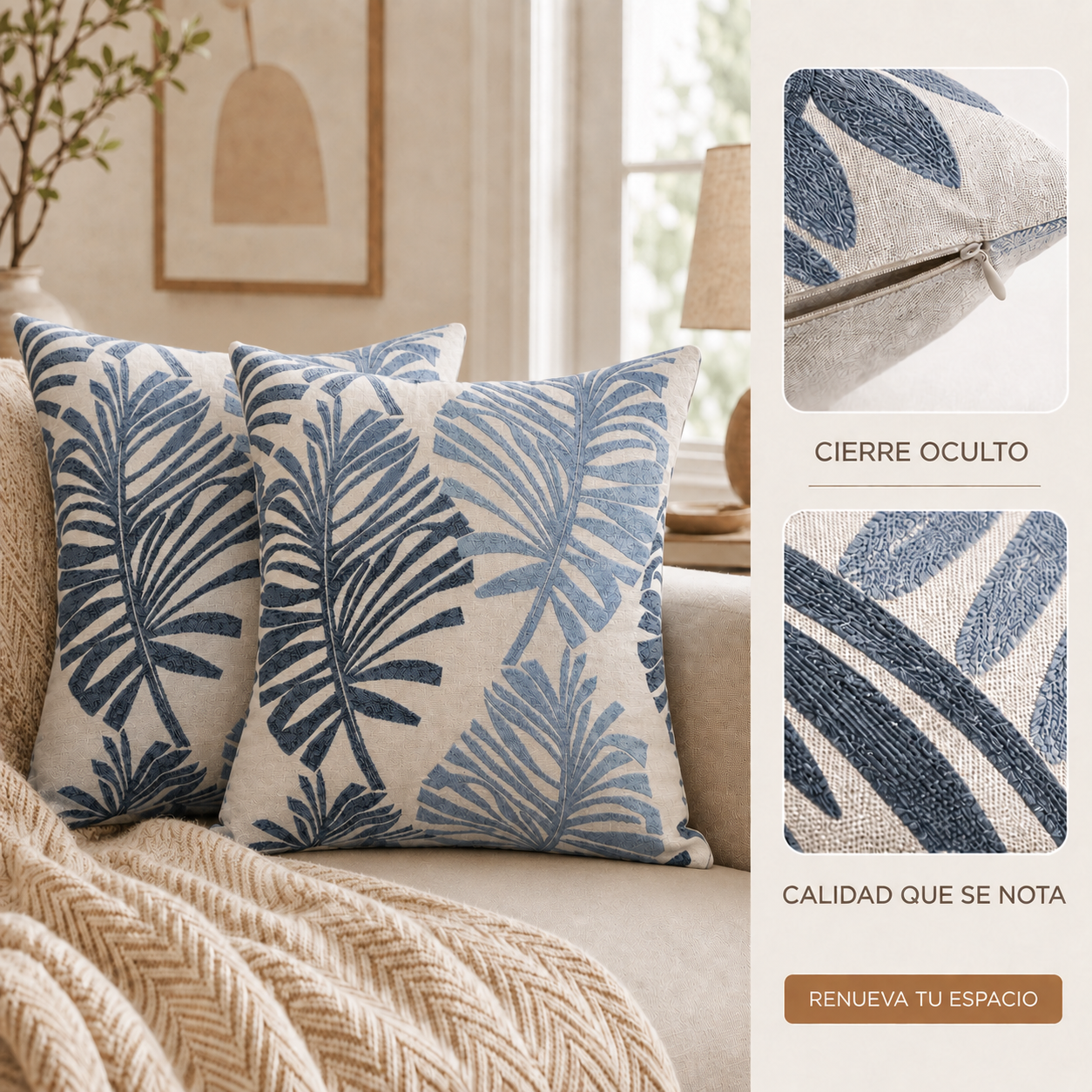 Fundas para cojín diseño hojas azul