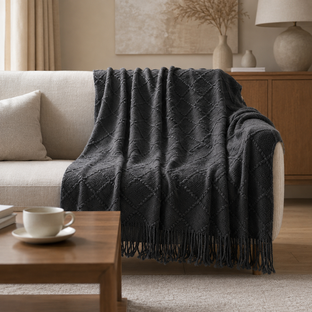 Manta Gris Oscuro en Cama y Sillón