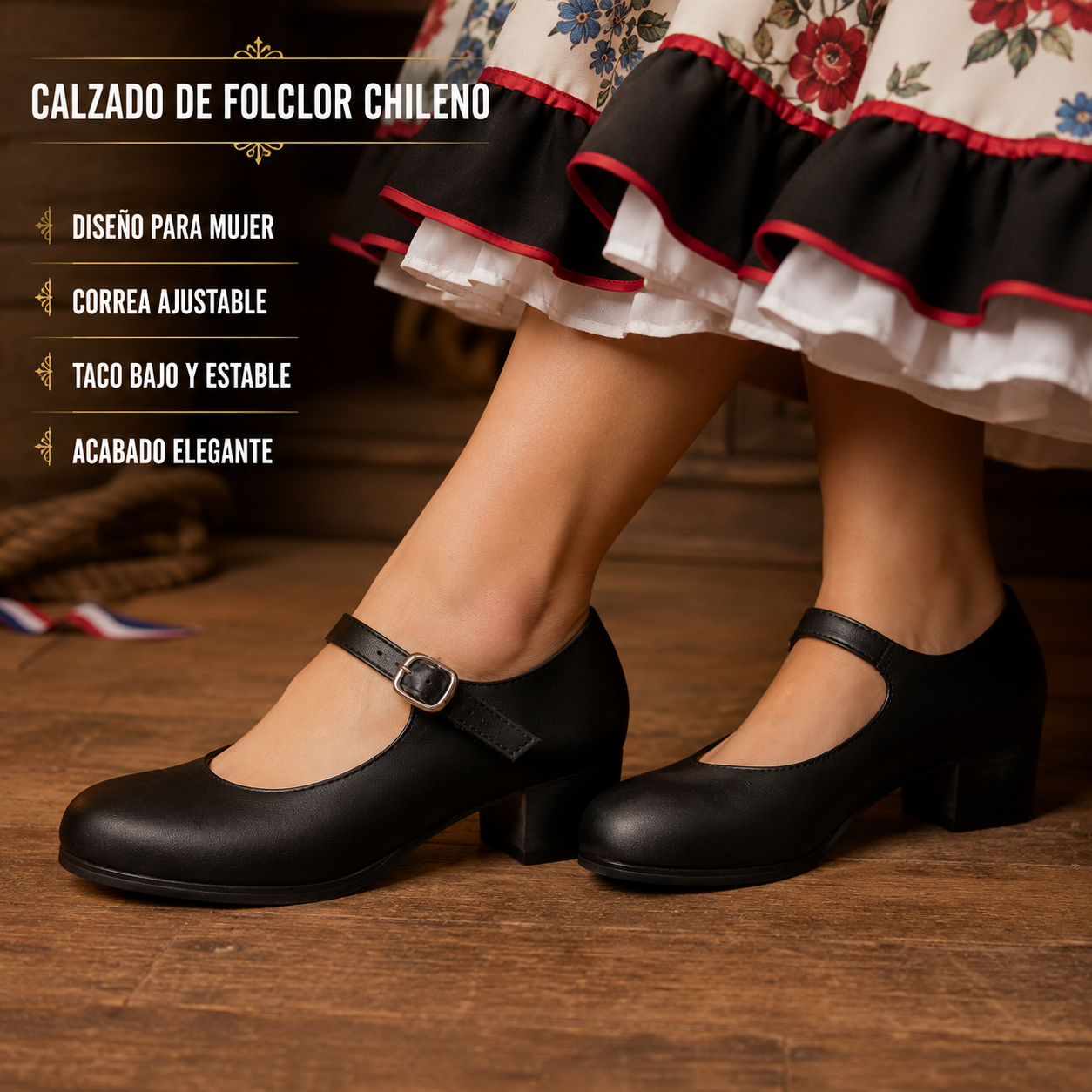 Zapato Mujer Cueca Negro Tradicional Vista Lateral