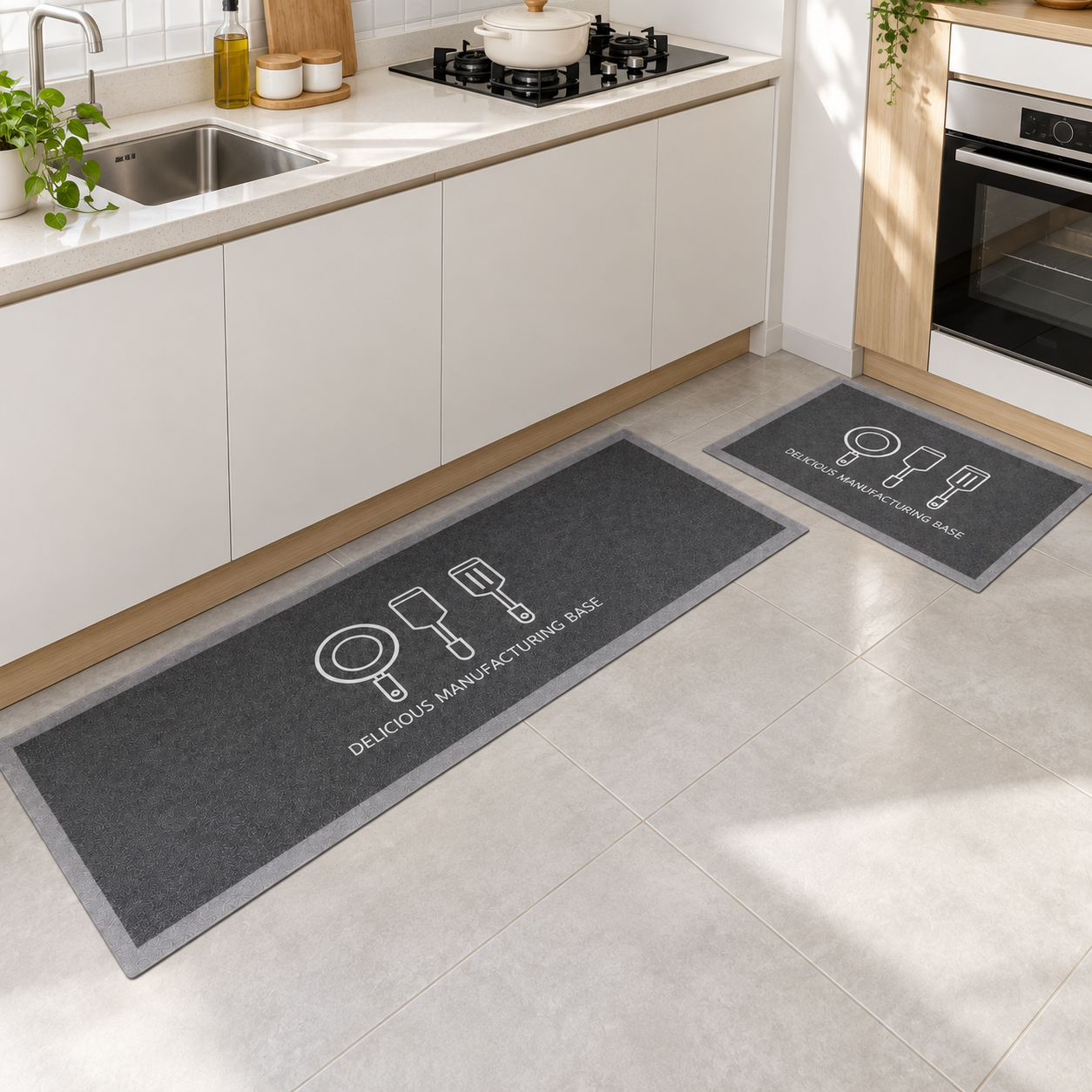 Ambiente de cocina con alfombras gris oscuro
