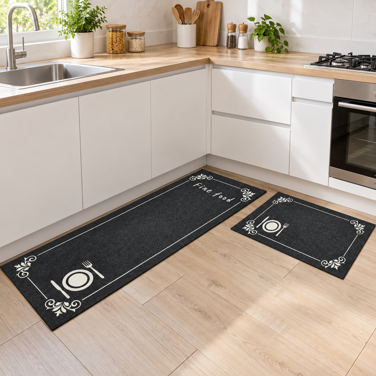 Ambiente de cocina con alfombras negras