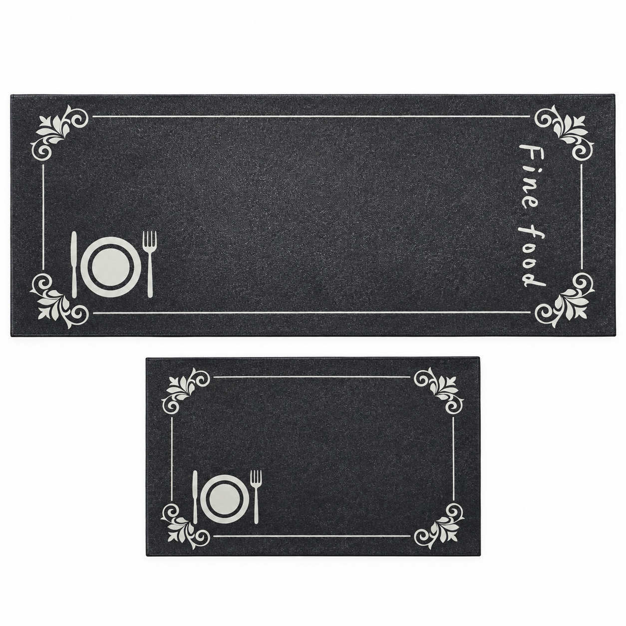 Set 2 Alfombras De Cocina Negras Diseño Cubiertos