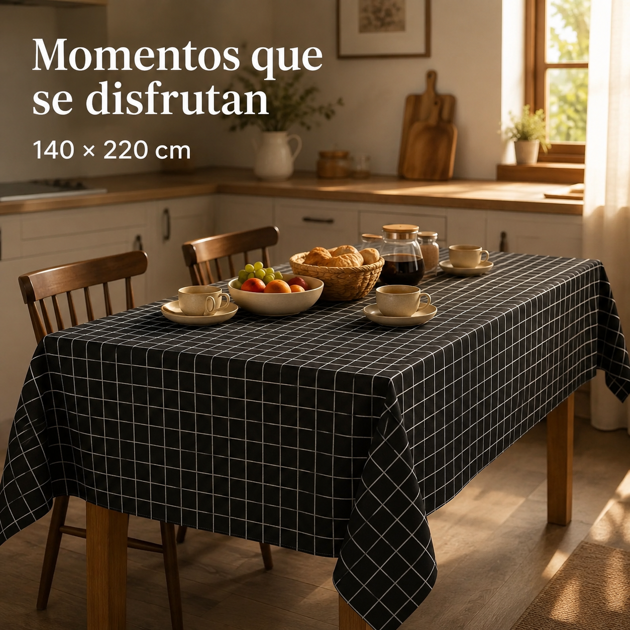 Mantel Rectangular Negro en desayuno