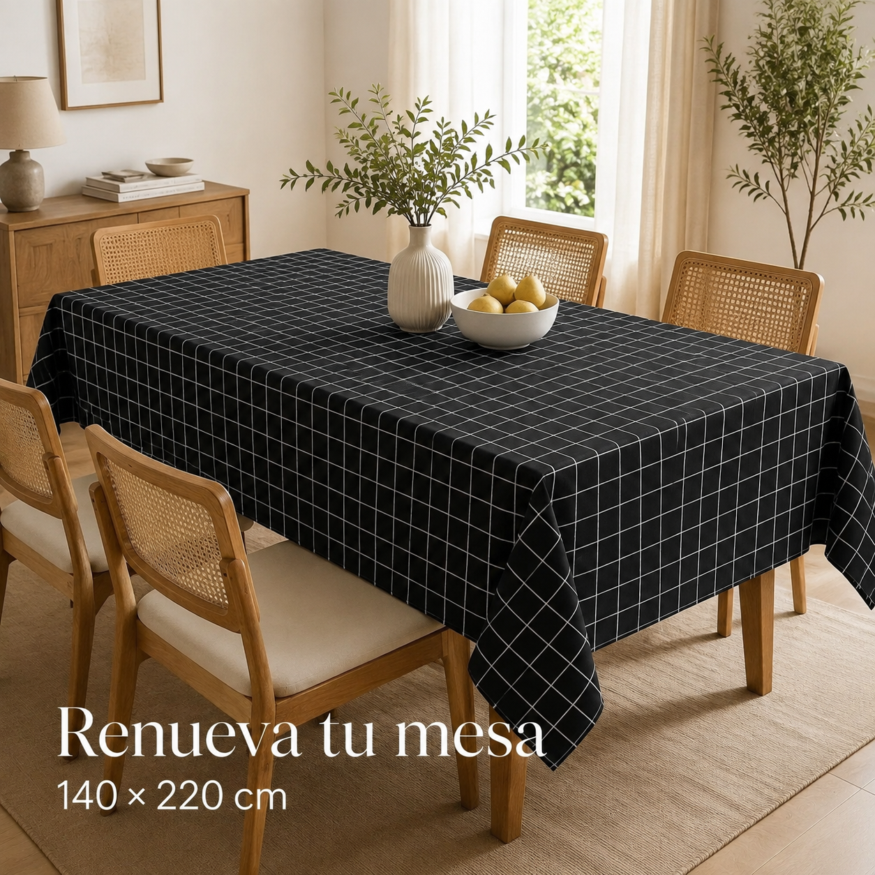 Mantel Rectangular Negro en comedor luminoso
